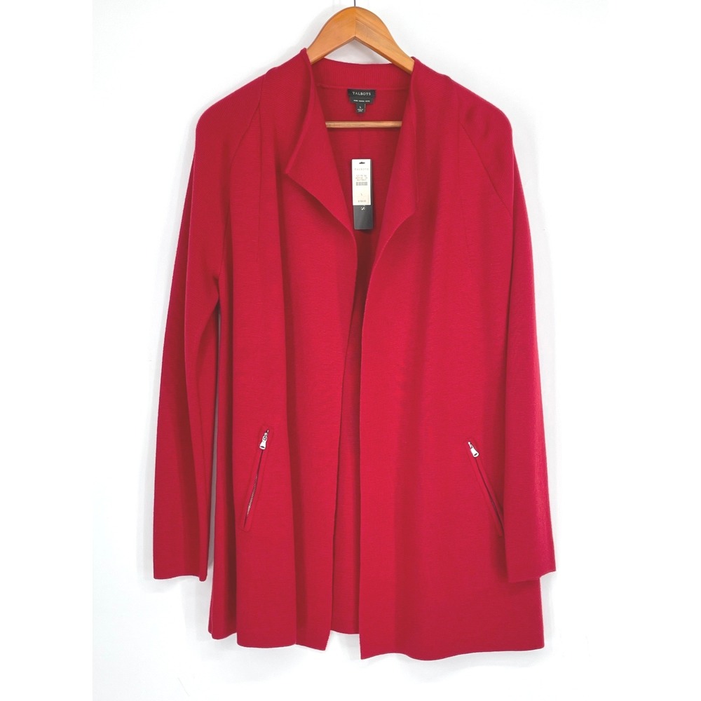 NWT Talbots Womens Cardigan L Open Front Red Pure Merino Wool Zipper Pockets